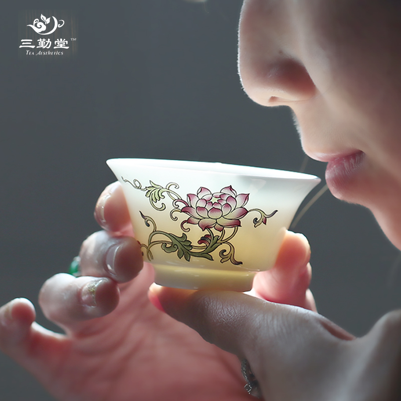 三勤堂品茗杯功夫茶杯 青花景德镇陶瓷茶具影青粉彩小单杯个人杯