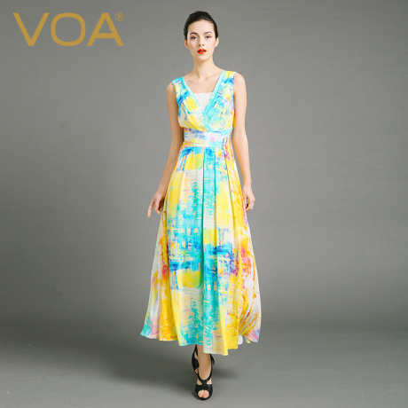 VOA马卡龙印花真丝双绉无袖白蕾丝裹胸腰封长款亮色连衣裙A6806商品大图