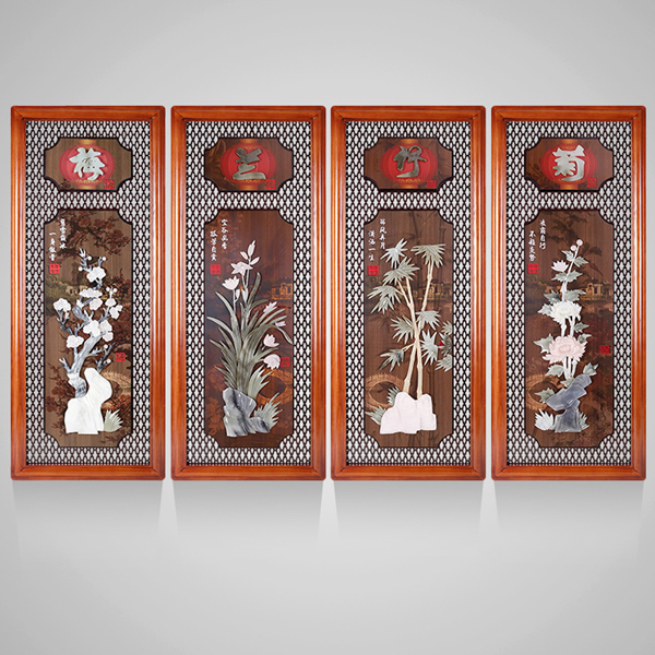 玉雕画客厅中式挂画梅兰竹菊春夏秋冬现代中式四条屏玉雕画