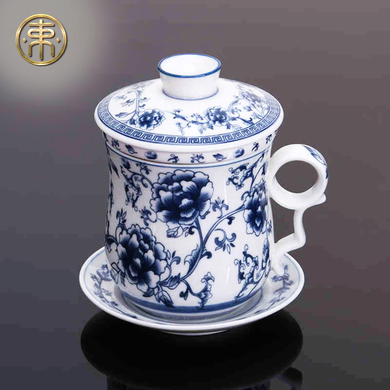 景德镇青花瓷功夫茶杯 带托盘 陶瓷牡丹盖碗功夫茶具套装
