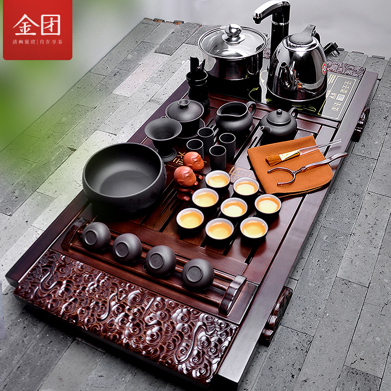 金团 茶具套装整套茶具实木茶盘紫砂功夫茶具特价四合一电热茶炉