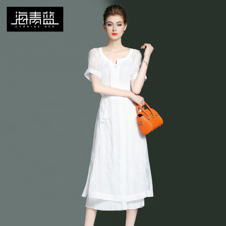 海青蓝2017夏季新款时尚简约桑蚕丝a字裙女款气质真丝连衣裙1578商品大图