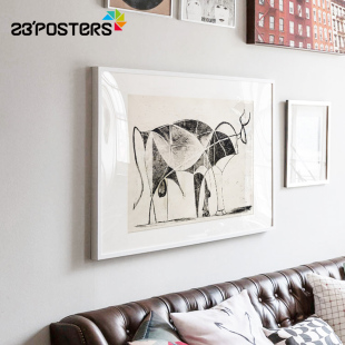 23"posters西班牙毕加索牛的变形过程黑白抽象怀旧有框装饰画现代
