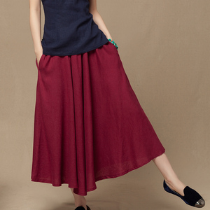 红色棉麻半身长裙