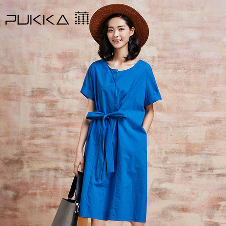 Pukka/蒲牌夏装新款原创设计大码女装蝴蝶结纯色短袖棉连衣裙商品大图