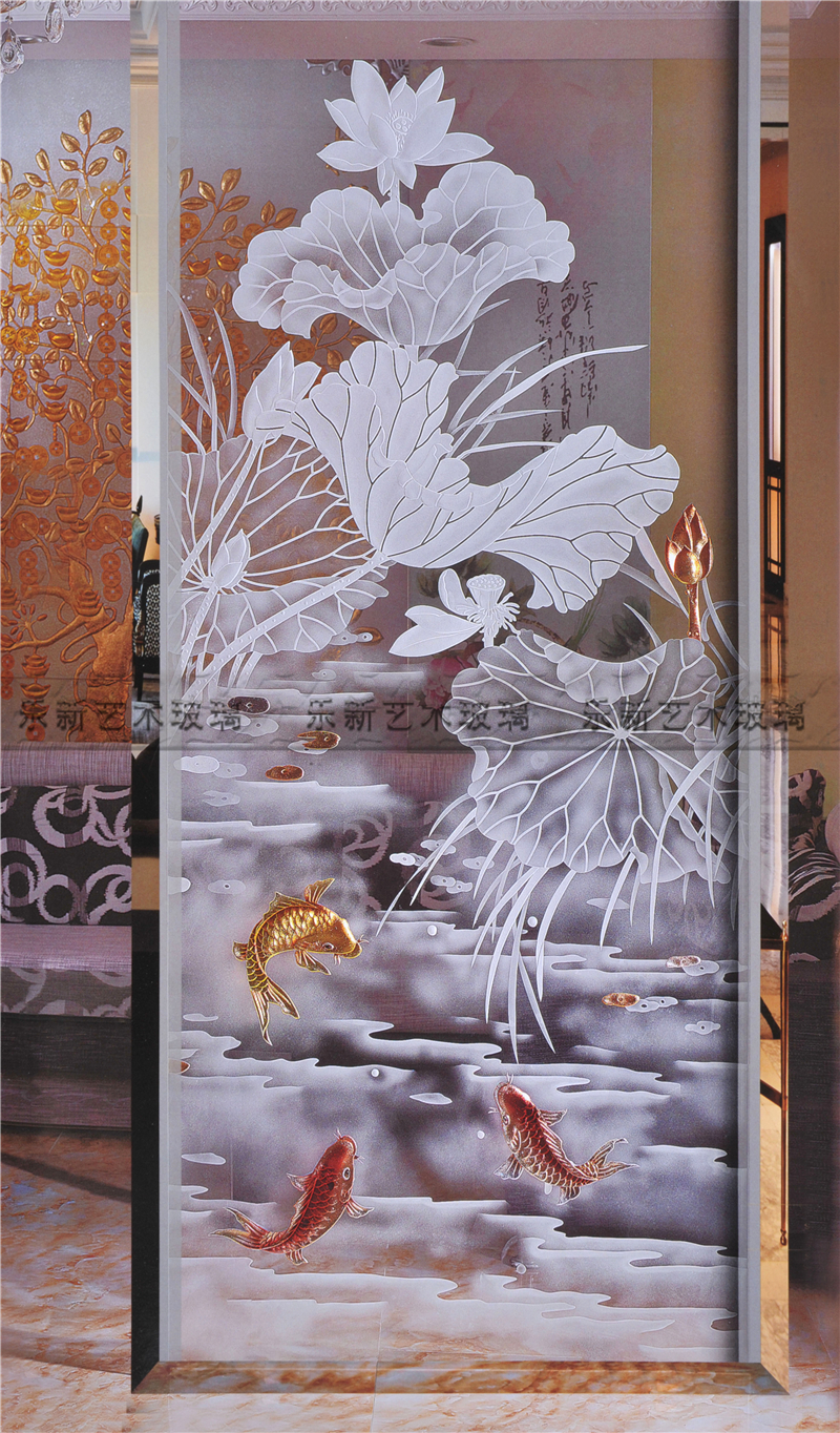 现代艺术玻璃雕刻玄关背景墙客厅磨砂透光隔断屏风雕花工艺牡丹鱼