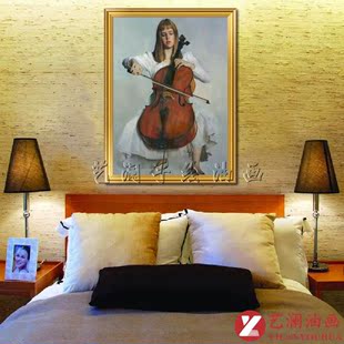 大提琴 手绘简约欧美式餐厅咖啡厅有框油画 达美 音乐会大提琴人物