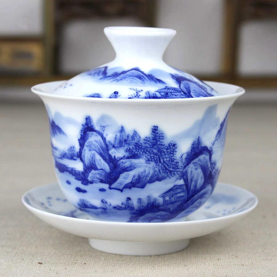 手绘青花瓷盖碗茶杯 大号景德镇陶瓷山水功夫茶具泡茶碗三才碗杯