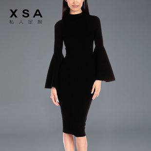 XSA新款欧美大牌时尚名媛气质长袖小黑裙修