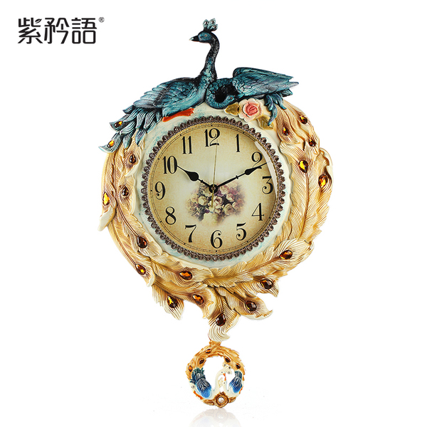 正品钟表 紫矜语 欧式创意孔雀挂钟时尚 客厅艺