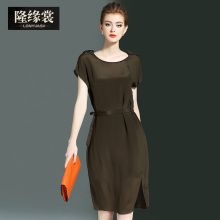 隆缘裳2017夏季新品桑蚕丝系带收腰时尚女装短袖真丝连衣裙子3996图片