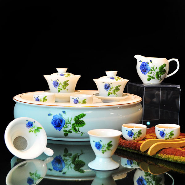 陶瓷茶具套装创意茶具漂亮茶具潮汕工夫茶具功夫茶具12寸蓝玫瑰