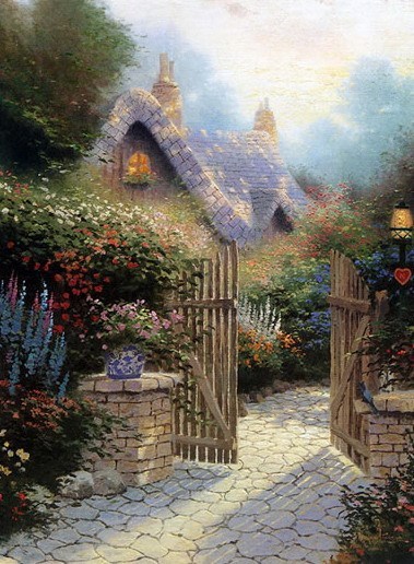 欧式风景油画 美国画家托马斯手绘花园风景油画