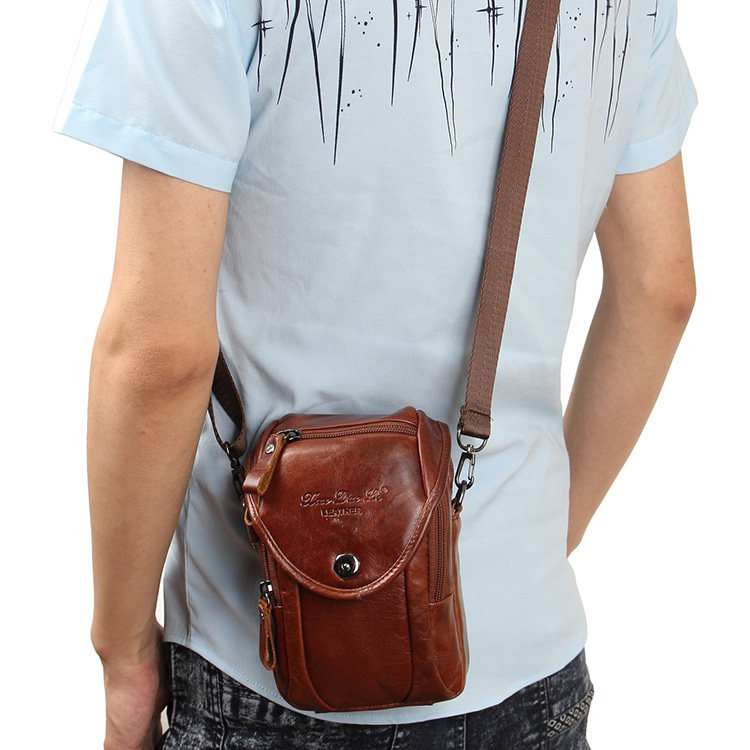 男士牛皮小斜挎包挂包 真皮穿皮带手机腰包多功能 户外休闲单肩包