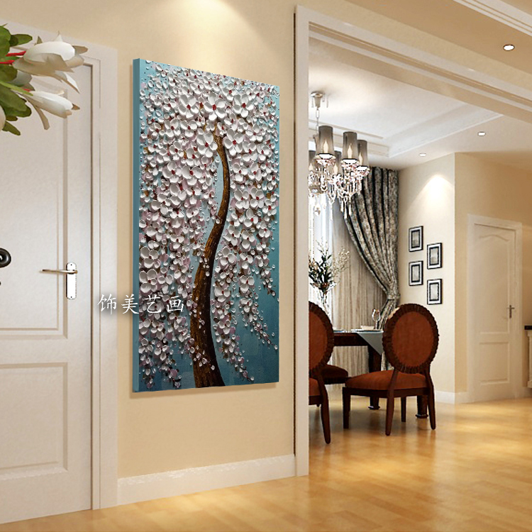 玄关装饰画纯手绘油画竖版抽象走廊过道客厅壁挂画新款立体发财树