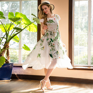 裙摆 收腰大裙摆中长裙中国风修身真丝连衣裙 2017夏季新款开叉