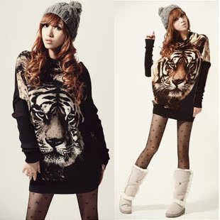 women tiger vintage printing batwing knitted loose jumper