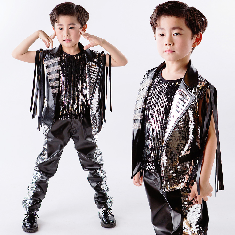 少儿街舞爵士演出服男童架子鼓表演服歌手走秀舞台服亮片铆钉套装