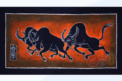 苗族手工蜡染画壁挂蜡染单层画民族风情蜡染画 斗牛图55*105cm