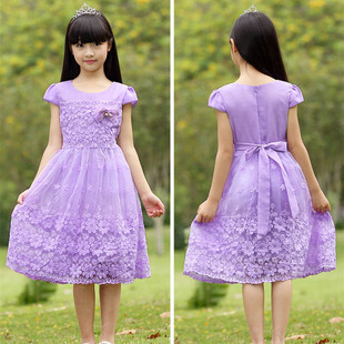 夏季新款童装紫色儿童大码网纱连衣裙公主裙韩版中大女童粉色裙子