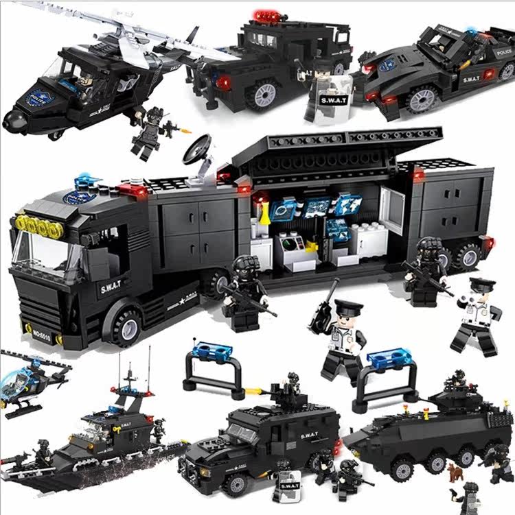 恒三和积木特警警察系列特警装甲车防爆车指挥车儿童拼装玩具6512