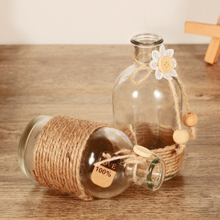 创意家居干花花艺水培装饰 可爱椭圆形小口麻绳透明玻璃瓶摆件