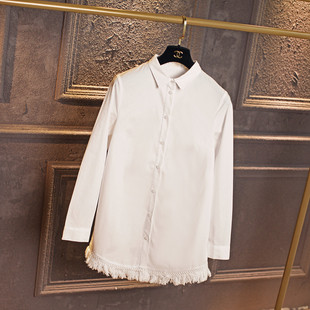 下摆 日本原单白色中长款流苏下摆衬衫 大菲家