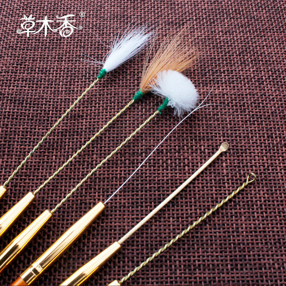 草木香采耳工具木柄套装鹅毛棒马尾毛音针毛棒挖耳勺 送发光耳勺