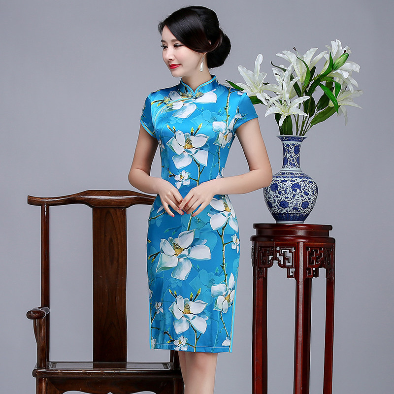 低领旗袍2017新款遇见爱上织布鸟旗袍连衣裙 中长款 少女夏清新