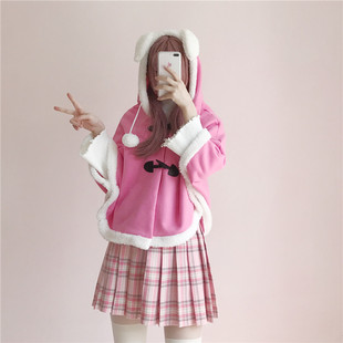 可爱少女抽绳兔耳朵连帽斗篷外套女二次元萌妹子加厚短款保暖披风