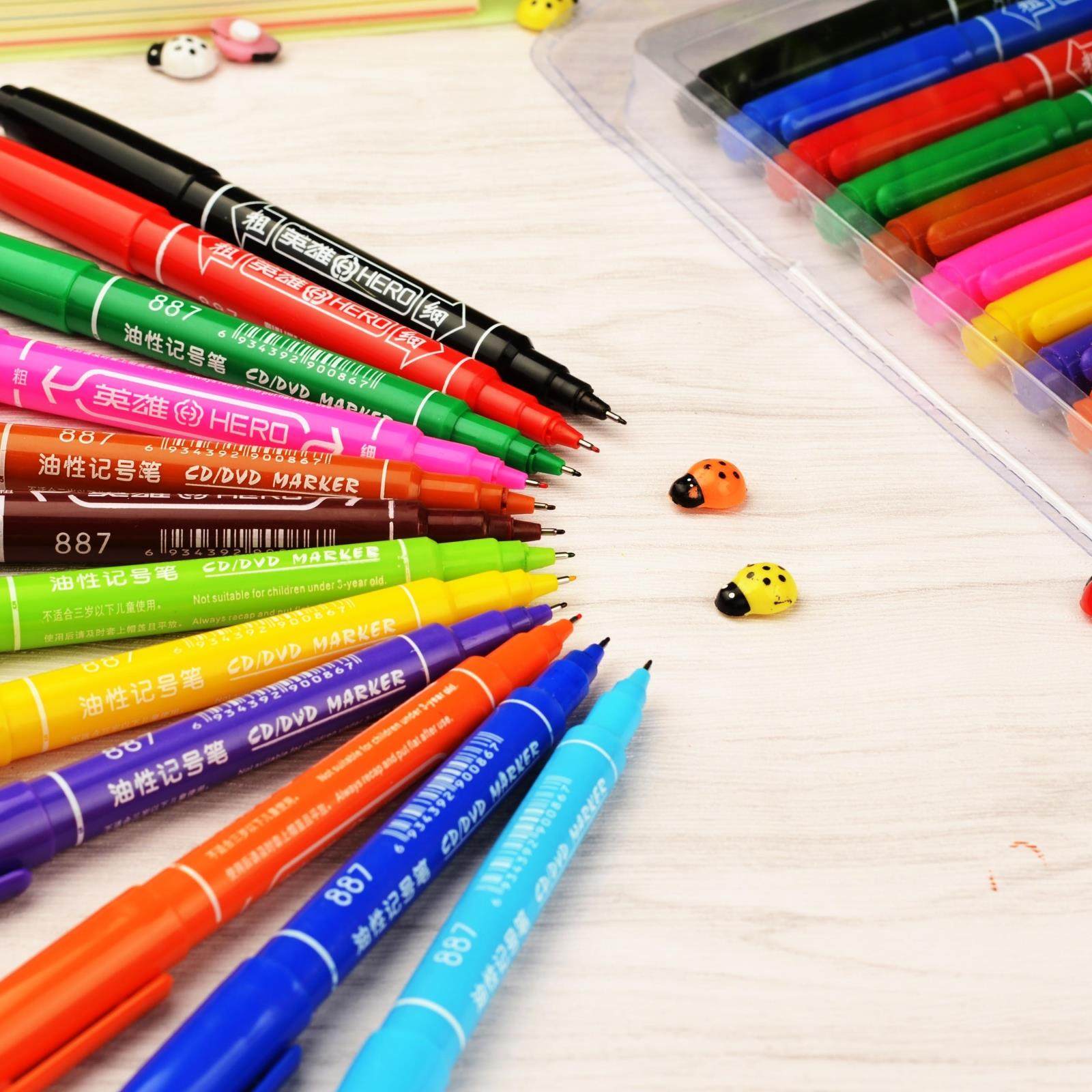 英雄887小双头彩色油性记号笔儿童手绘勾线笔12色24色套装光盘笔