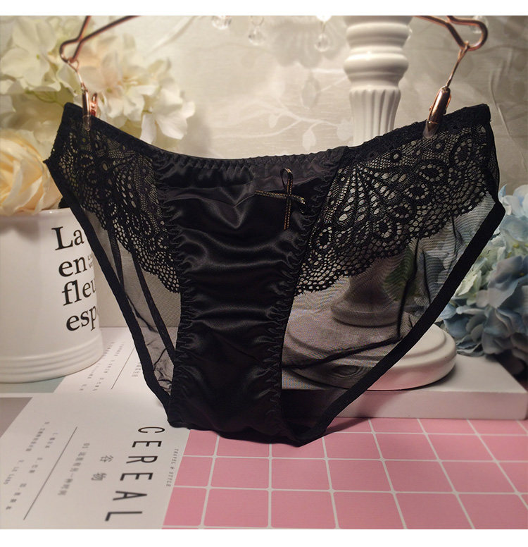 黑色诱惑 高端纯黑舒适性感蕾丝冰丝内裤女中低腰三角裤纯棉档