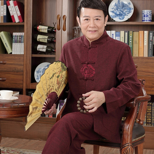男士唐装长袖套装爷爷生日过寿服装中老年人春秋季外套中式爸爸装