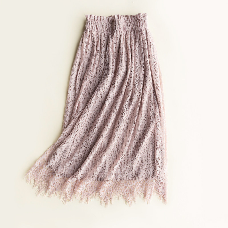 夏主打款 双面穿 松紧高腰 睫毛蕾丝百褶半身裙木耳花边长半裙女