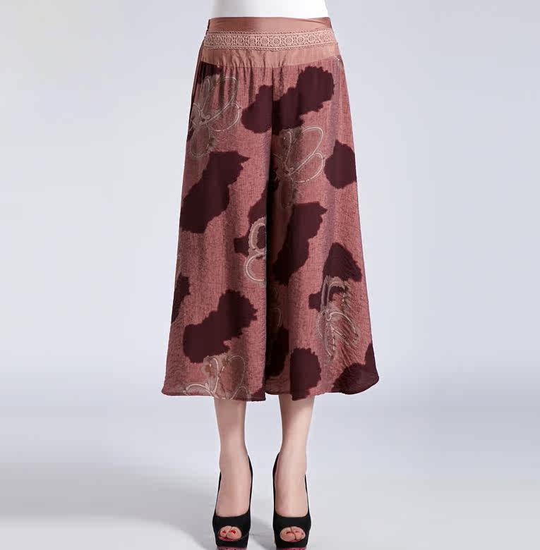 中老年真丝女裤裙裤夏松紧腰九分裙裤妈妈装阔腿裤宽松九分裤甩裤