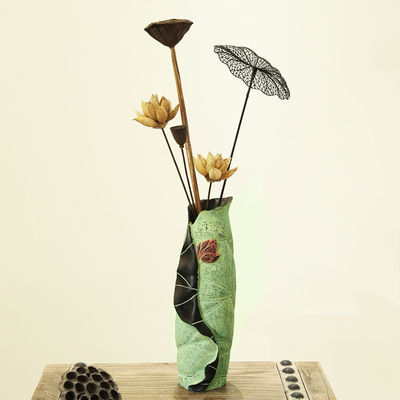 爱莲堂干花花瓶中式家居装饰品复古工艺品时尚客厅摆件花插荷叶