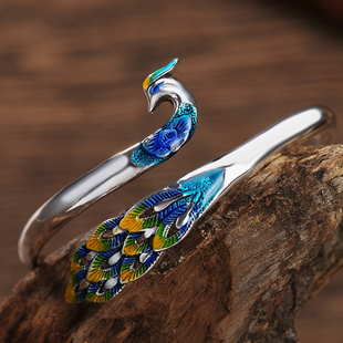 孔雀银手镯999纯银女开口彩色光面民族风银镯子景泰蓝送女友礼物