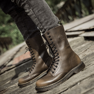 英伦风马丁靴男潮高帮系带皮靴欧美厚底马靴高筒真皮工装靴子复古