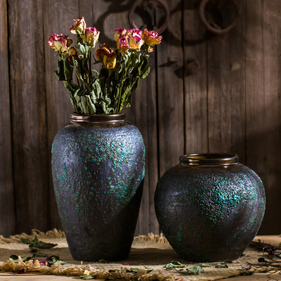 粗陶土陶仿古做旧陶罐干花花瓶复古花瓶客厅装饰摆件坛子陶罐花盆