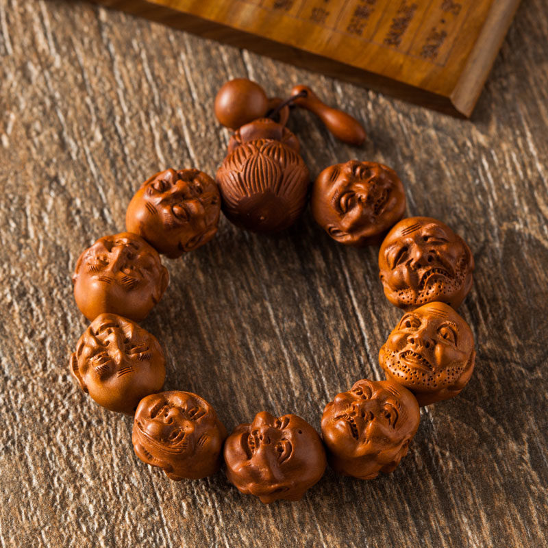 开光天然桃木十八罗汉手链 18罗汉念珠佛珠手串双面佛雕刻保平安