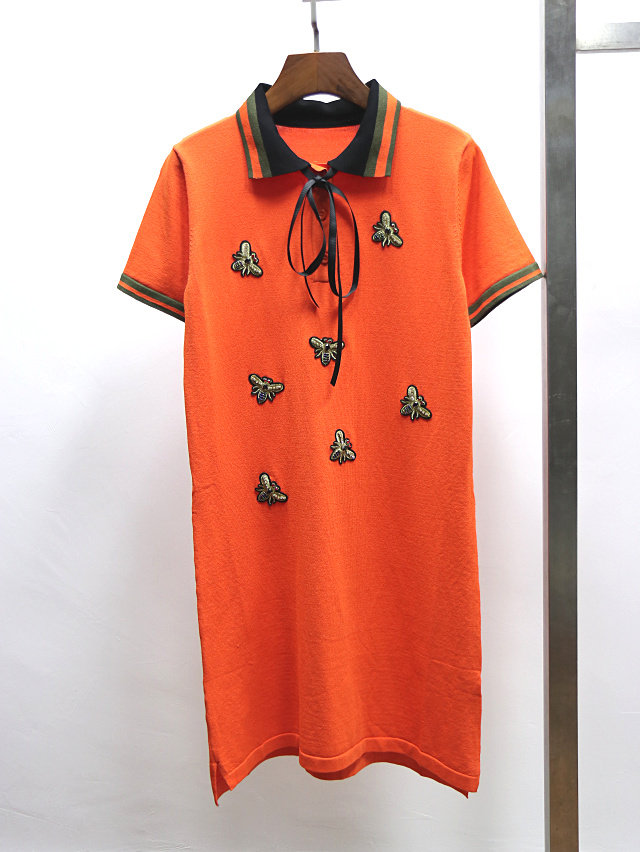 欧洲站新款短袖冰丝刺绣小蜜蜂女中长款直筒针织衫连衣裙丝带领结