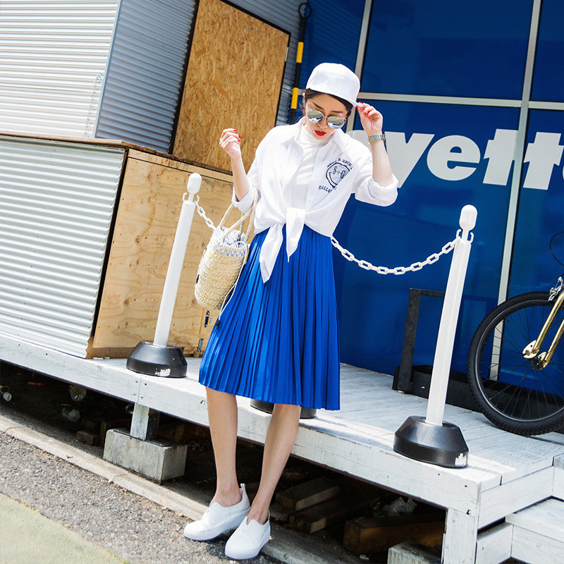 夏季新款舒适飘逸雪纺蓝色百褶裙修身显瘦半身裙 bjd62001