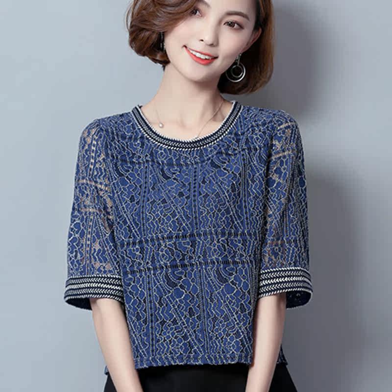 雪纺衫女短袖蕾丝娃娃衫2017夏装新款韩范优雅宽松中长款打底上衣