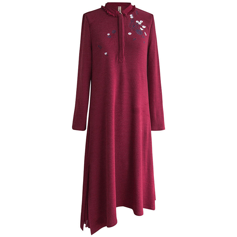 红念2017春装新款红色不规则连衣裙中长款文艺复古大码针织长裙子