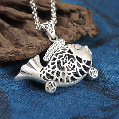 原创99足银吊坠手工银饰复古镂空立体双面福鱼项链女纯银饰品礼物