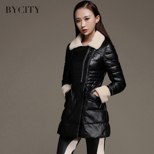 女裝/女士精品 皮衣 > 毛領 bycity 中長款皮衣外套 海寧真皮羽絨服女