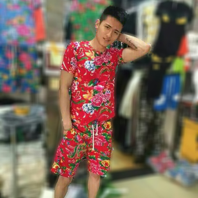 东北大花短袖t恤 夏季新款潮男半袖上衣 大码宽松男女情侣套装