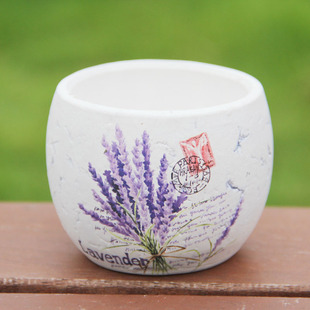 满百包邮欧式简约田园薰衣草花盆圆形圆肚盆白色印花多肉可