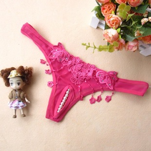 情趣内裤女士开档裤珍珠按摩透明蕾丝水钻花朵帘女士t裤成人用品