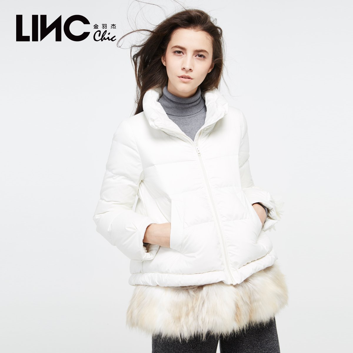 linc/金羽杰2015冬季天鹅拼接毛短款羽绒服女反季韩版532615